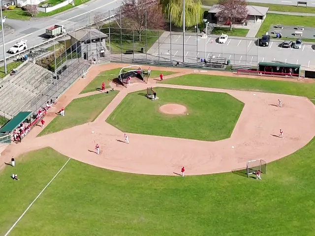 An aerial view of Delair Park, the Cardinals home field, on a game day.