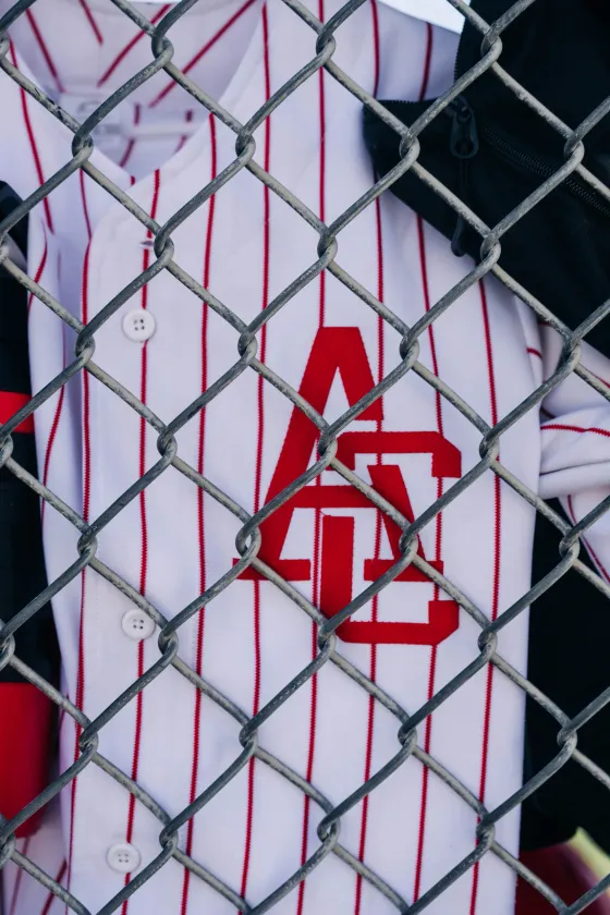 A close detail of the Abbotsford Cardinals crest on a player's jersey, seen through a chain-link fence.