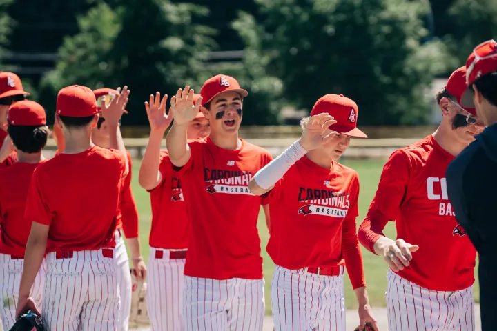 Cardinals players high-five down the line after a game.