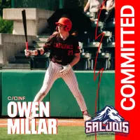 Owen Millar, a catcher and corner infielder in a dark Cardinals jersey and red batting helmet, stands in the batter's box holding his bat. Graphic text reads C/CINF Owen Millar, Committed, and the Southwest Tennessee Community College Saluqis logo.