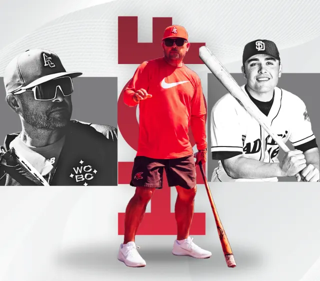 Cover graphic for the Kevin Nicholson Hall of Fame announcement: three images in black, white and red, a coach in a Cardinals cap, a coach standing with a bat, and a player in a San Diego Padres uniform.