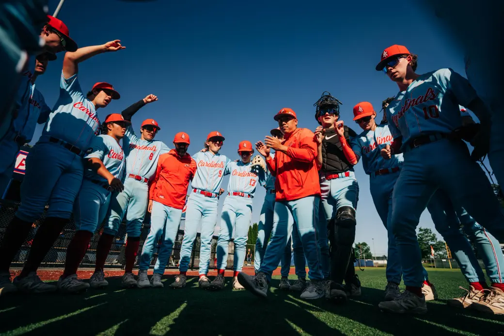 Cardinals players in powder-blue alternate uniforms celebrate together, shot from low against an open sky.
