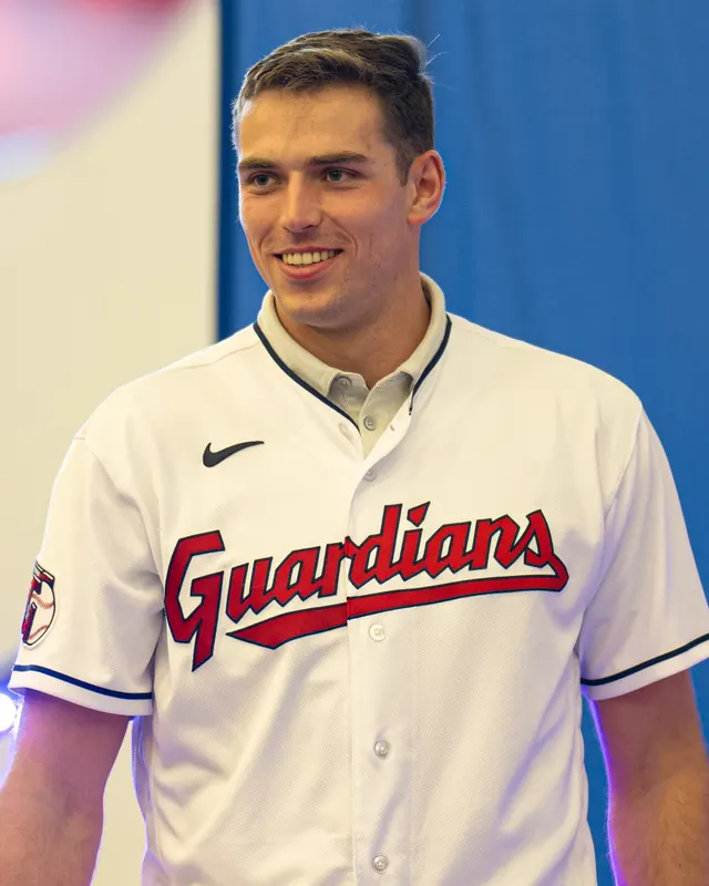 Cade Smith smiles in his Cleveland Guardians jersey at Guards Fest.